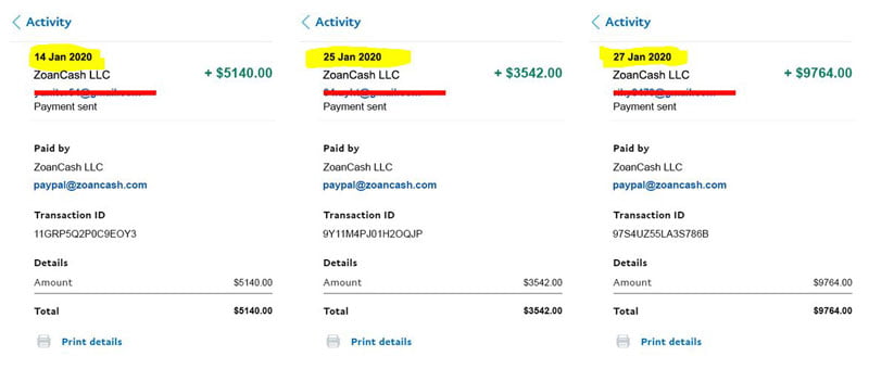 Zoan Cash false payments